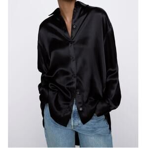 Zara Black Satin Effect Long Sleeve Button Down Collared Shirt Size Extra Small